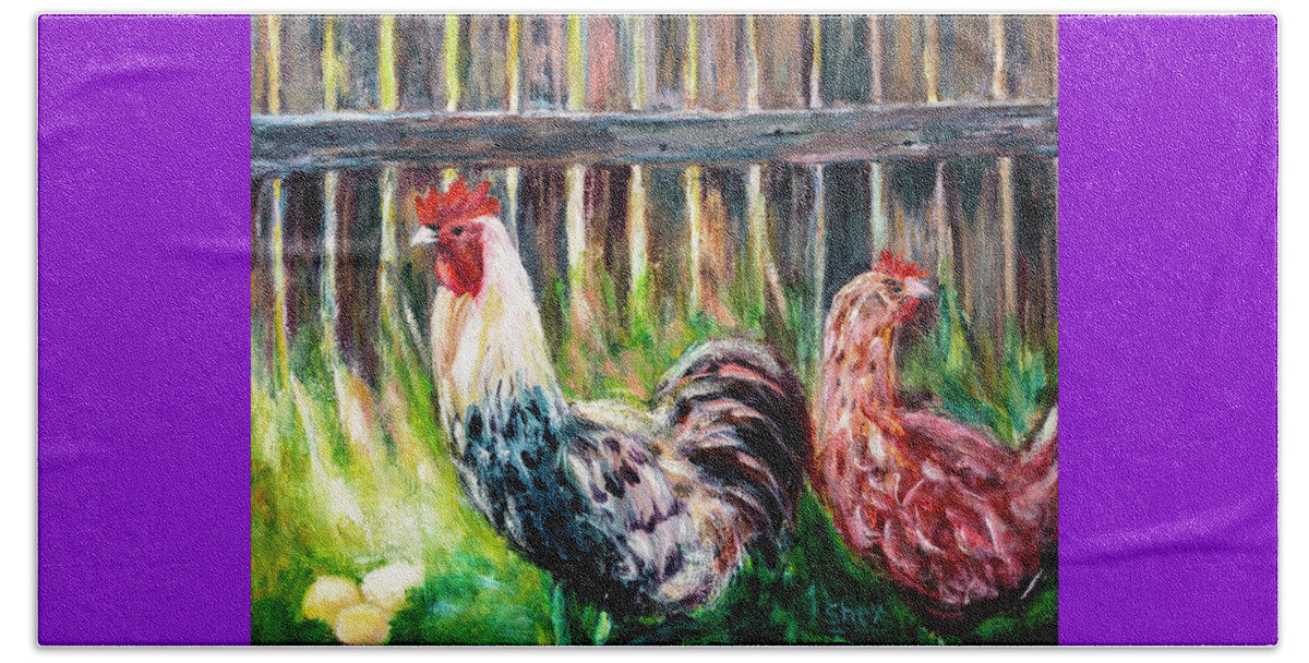 Art - Acrylic Beach Towel featuring the painting Farm Yard Chicken - Acrylic Art by Sher Nasser