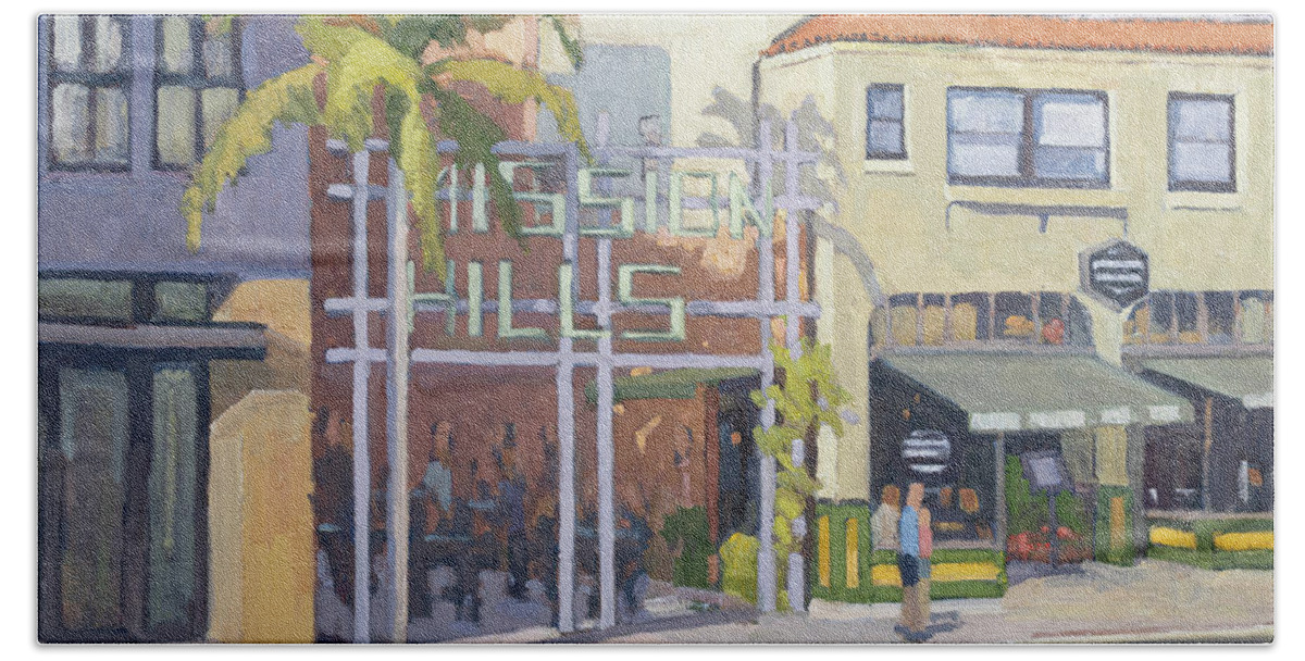 Farmer's Bottega Beach Towel featuring the painting Farmer's Bottega in Mission Hills on Washington Street - San Diego, California by Paul Strahm