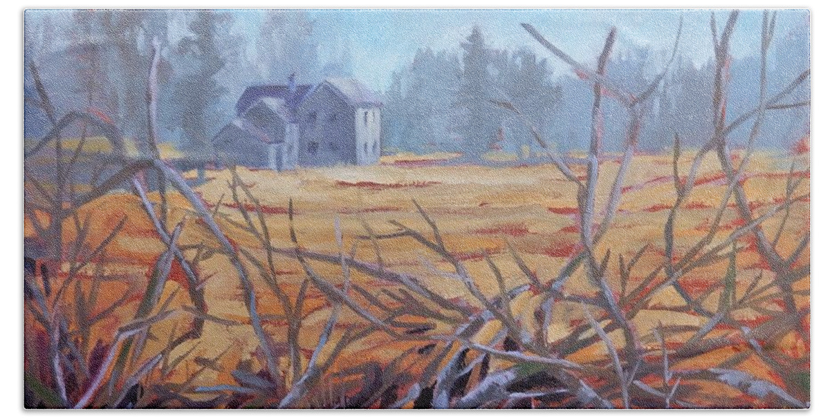 Winter Beach Towel featuring the painting Farmhouse Hedgerow by K M Pawelec