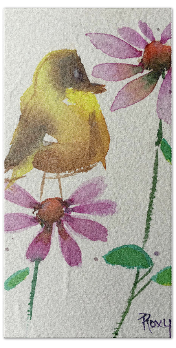 American Goldfinch Beach Towel featuring the painting Fat little Goldfinch by Roxy Rich