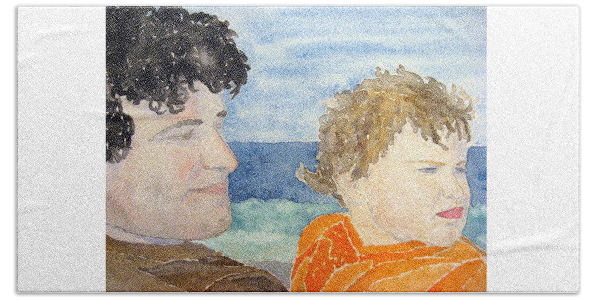 Watercolor Beach Towel featuring the painting Father and Son by John Klobucher