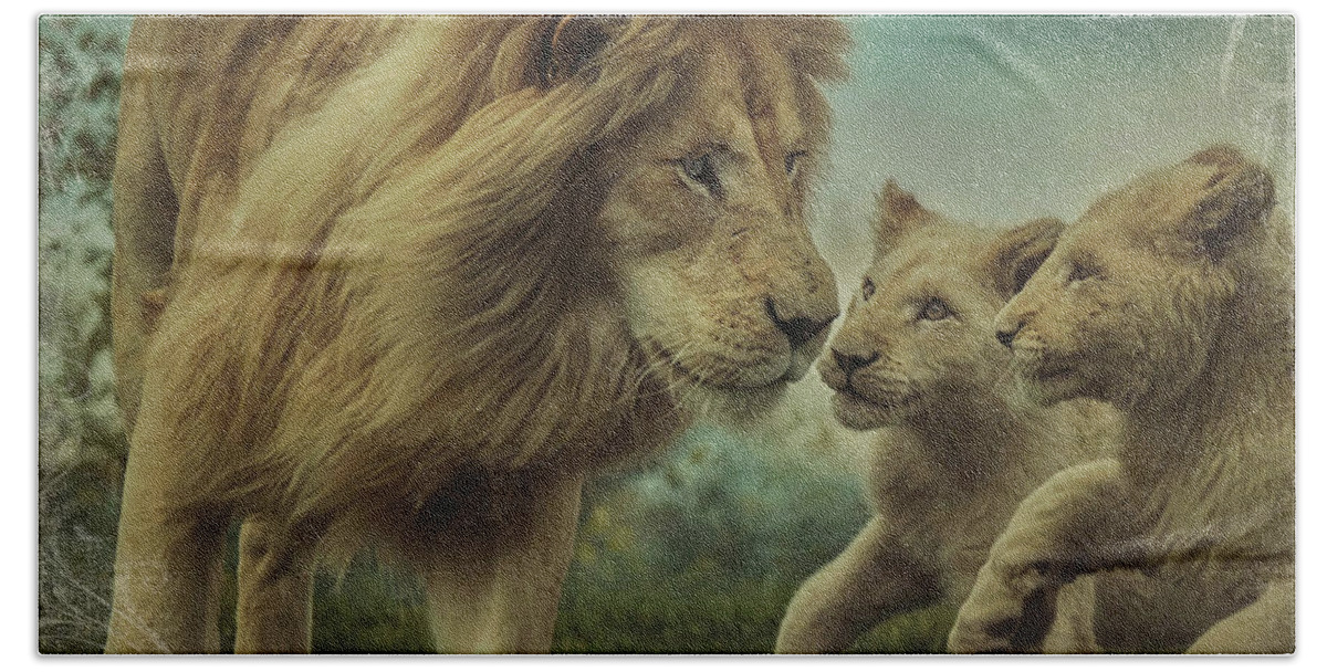 Lion Beach Towel featuring the photograph Fearless Father Texture Version by Carrie Ann Grippo-Pike