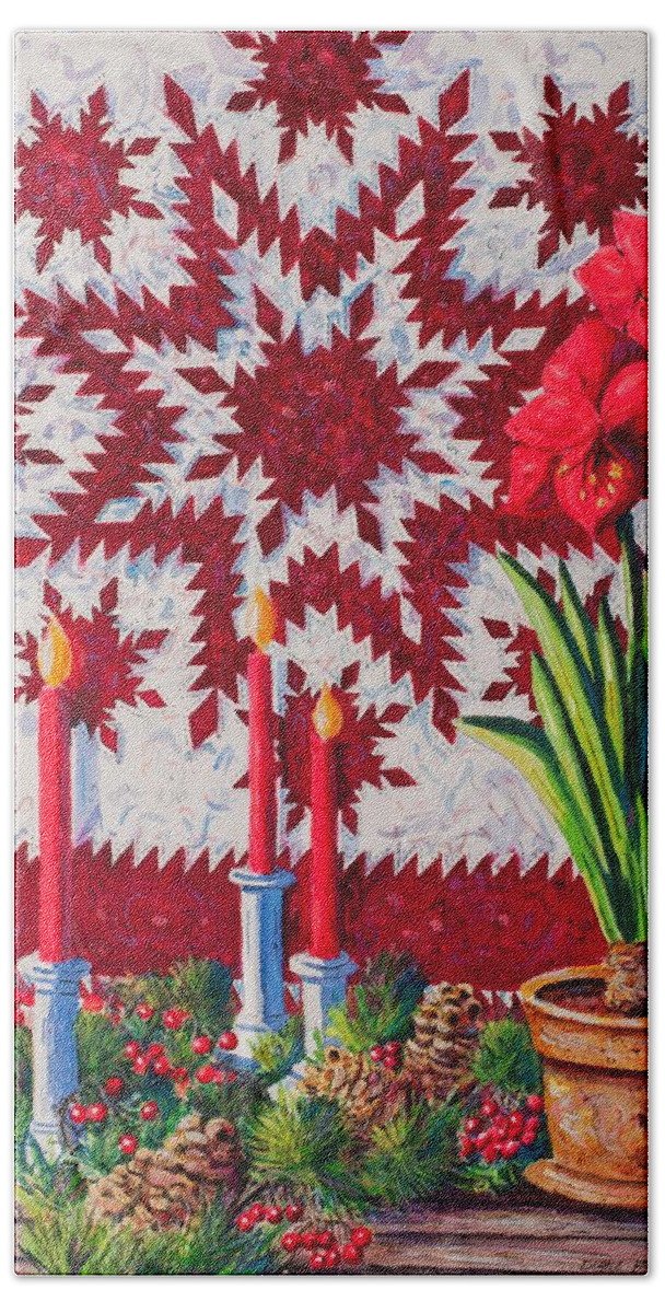 Feathered Star Quilt And Amaryllis Flower Beach Towel featuring the painting Feathered Star Quilt by Diane Phalen