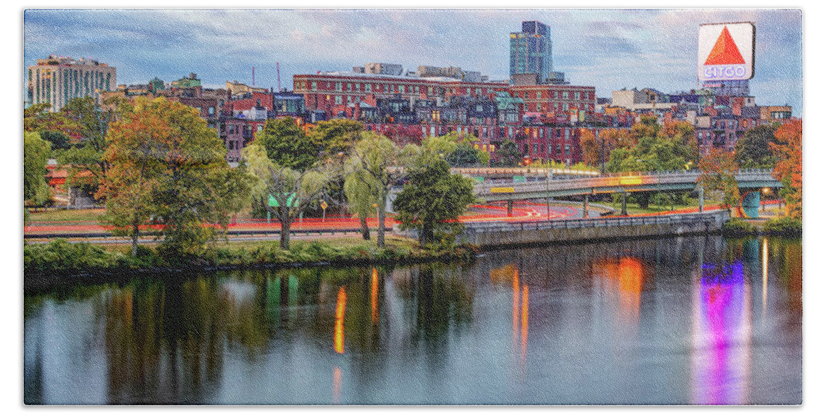 Boston Skyline Beach Towel featuring the photograph Fenway - Kenmore Square Citgo Sign Over The Charles River by Gregory Ballos