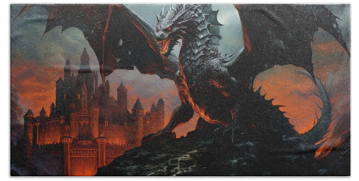 Fantasy Beach Towel featuring the painting Fernyiges, the Lord of Black Dragons - 03 by AM FineArtPrints