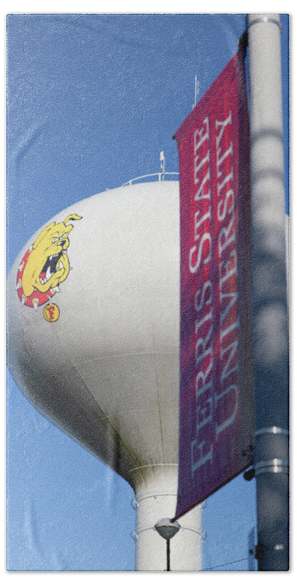 Ferris State Beach Towel featuring the photograph Ferris State University water tower and banner by Eldon McGraw