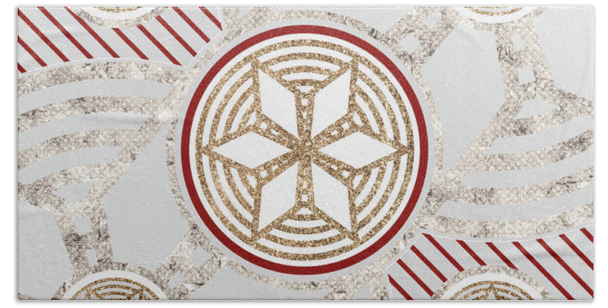 Abstract Beach Towel featuring the mixed media Festive Sparkly Geometric Glyph Art in Red Silver and Gold n.0062 by Holy Rock Design