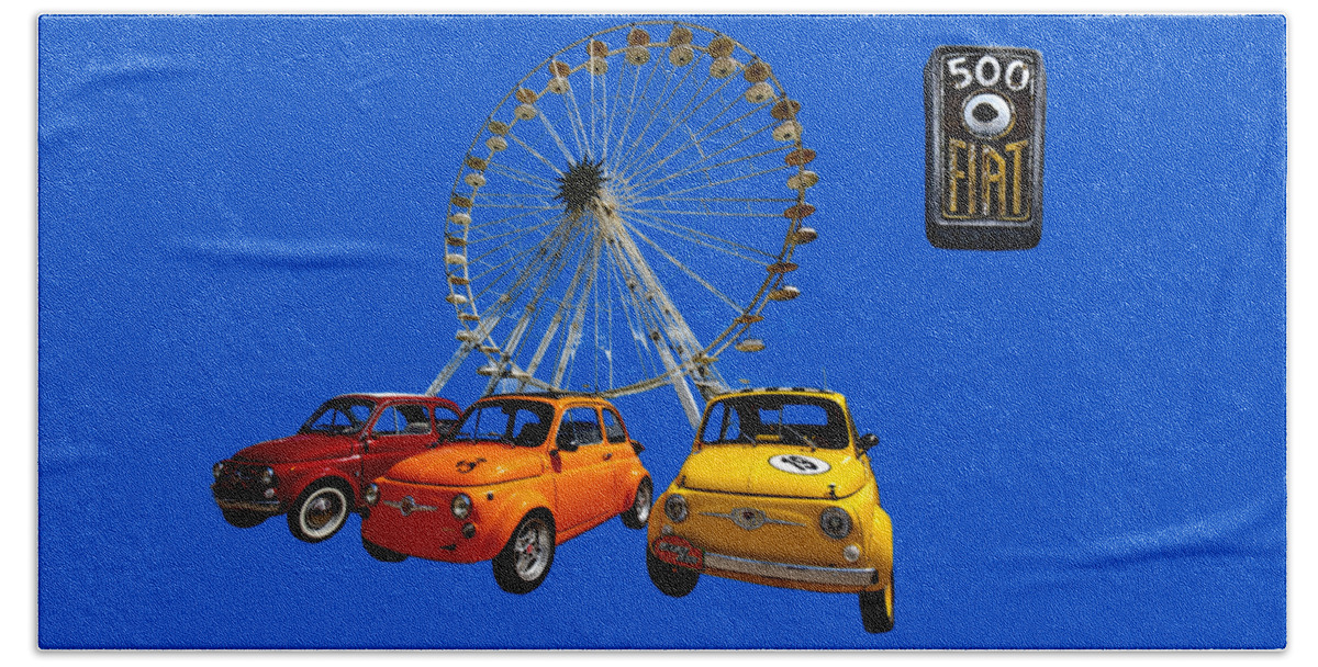 Fiat 500 Beach Towel featuring the photograph Fiat 500 and big wheel by Worldwide Photography