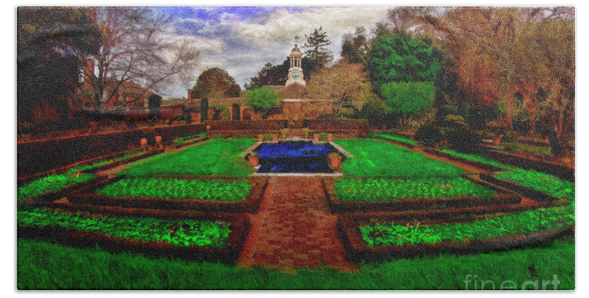 Filoli Garden Beach Towel featuring the photograph Filoli Sunken Garden And Clock Tower by Blake Richards