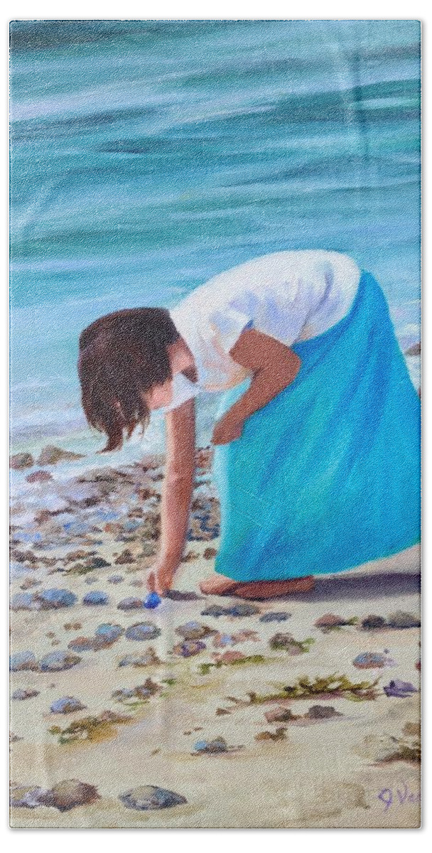 Ocean Beach Towel featuring the painting Finding Sea Glass by Judy Rixom