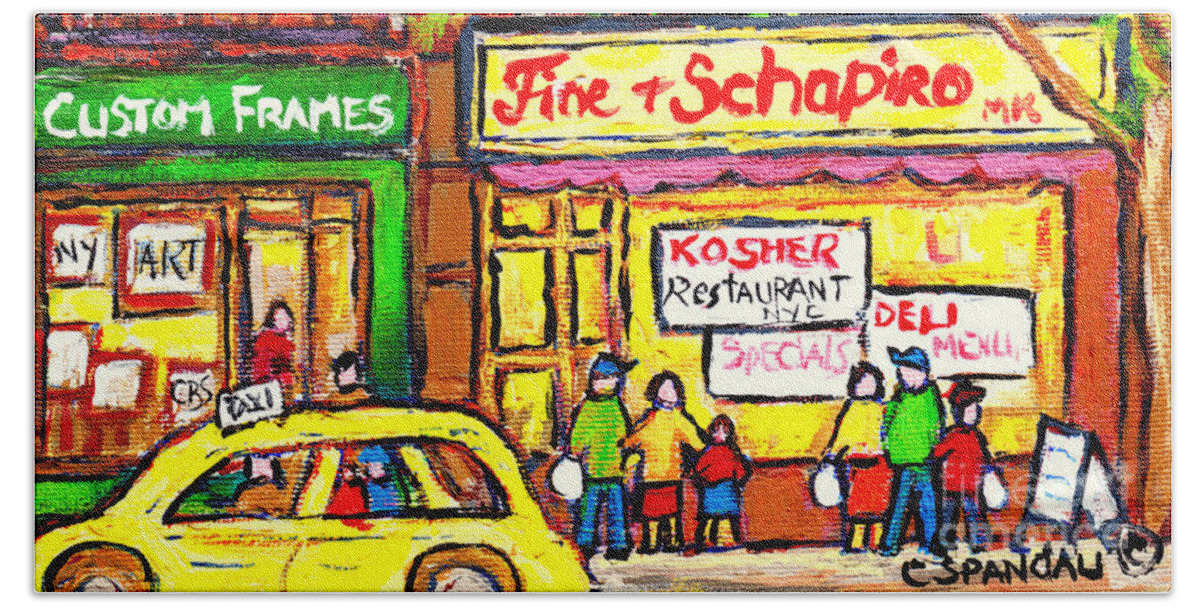 Fine And Shapiro Beach Towel featuring the painting Fine And Shapiro Oldest Nyc Kosher Restaurant Manhattan C Spandau Paints  Deli Diners American Art by Carole Spandau