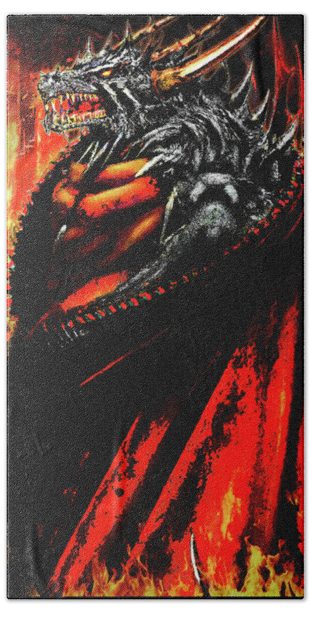 Monster Beach Towel featuring the mixed media Fire Draconian Elder by Shawn Dall