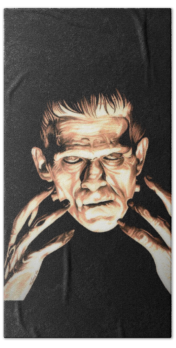 Boris Karloff Beach Towel featuring the drawing Fire - Frankenstein - Sepia Edition by Fred Larucci