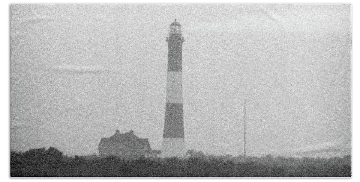Long Island Beach Towel featuring the photograph Fire Island Lighthouse in Fog BW by Laura Fasulo