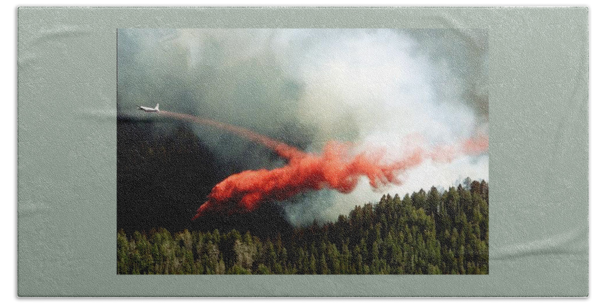 A Tanker Drops Fire Retardant On A Wildfire. Beach Towel featuring the photograph Fire Retardant Drop by Rick Wilking