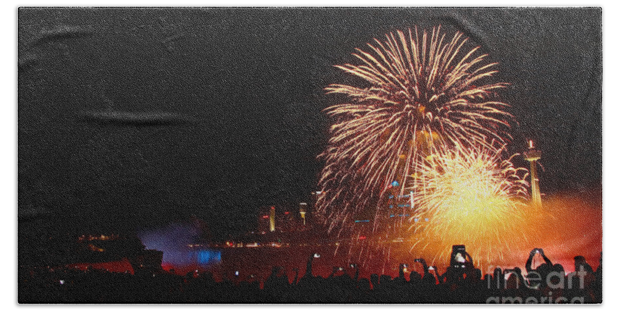 Winter Festival Of Lights Beach Towel featuring the photograph Fireworks at the Falls by fototaker Tony