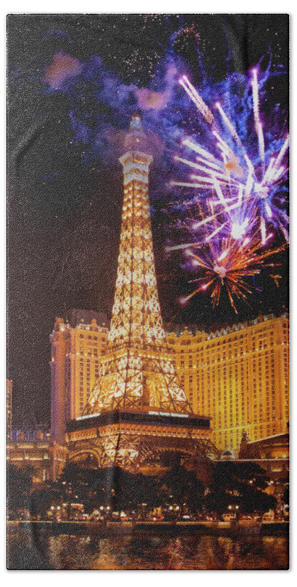 Las Vegas Beach Towel featuring the photograph Fireworks over Paris, Las Vegas by Tatiana Travelways