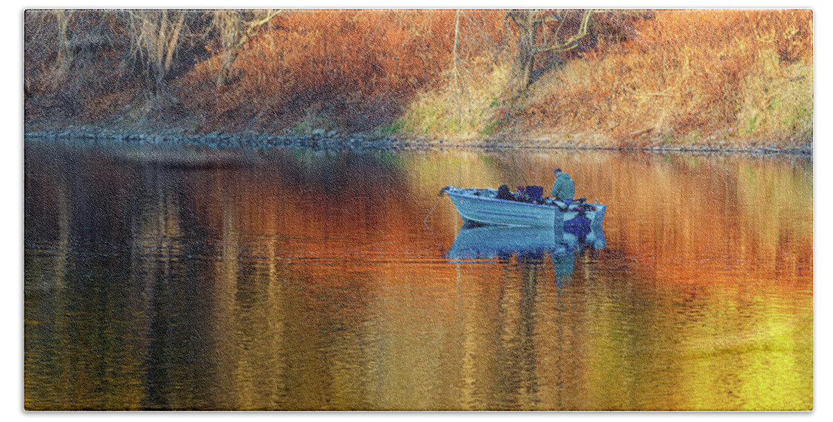 Autumn Beach Towel featuring the photograph Fishing Boat in Autumn by Amelia Pearn