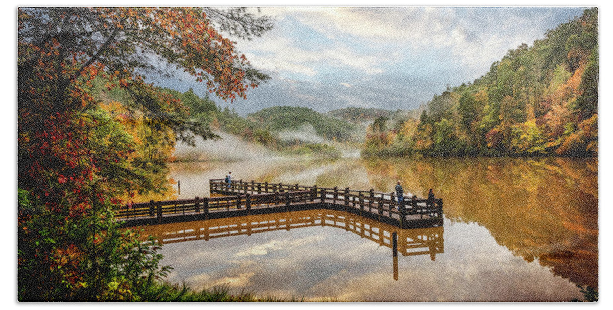 Carolina Beach Towel featuring the photograph Fishing in Autumn Colors at the Lake by Debra and Dave Vanderlaan
