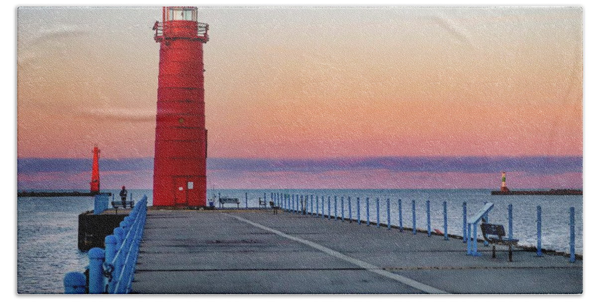 Tahquamenon Falls Beach Towel featuring the photograph Fishing on the Muskegon Pier at Sunrise IMG_5997 by Michael Thomas