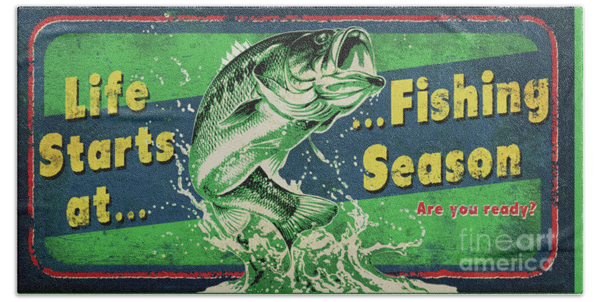 Jq Licensing Beach Sheet featuring the painting Fishing Season Sign by Jon Q Wright