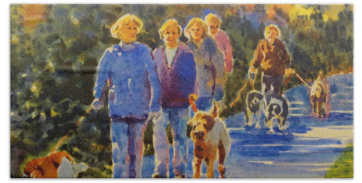 Fall Beach Towel featuring the painting Five Dog Walkers by David Gilmore
