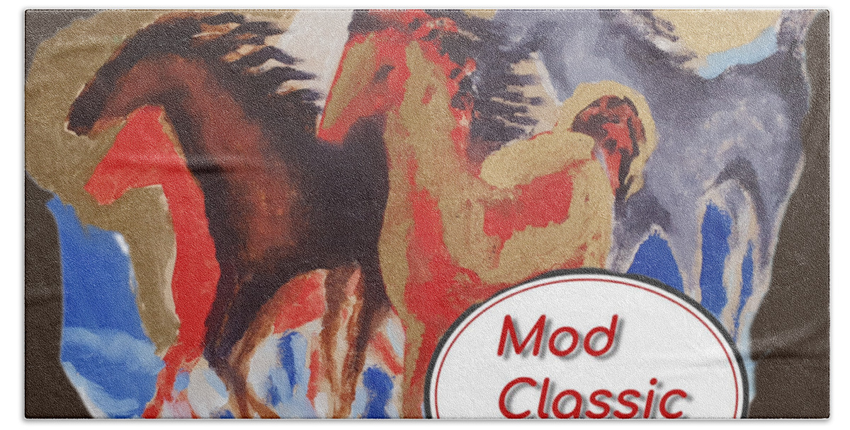 Guitars Beach Towel featuring the painting Five Horses ModClassic Art by Enrico Garff