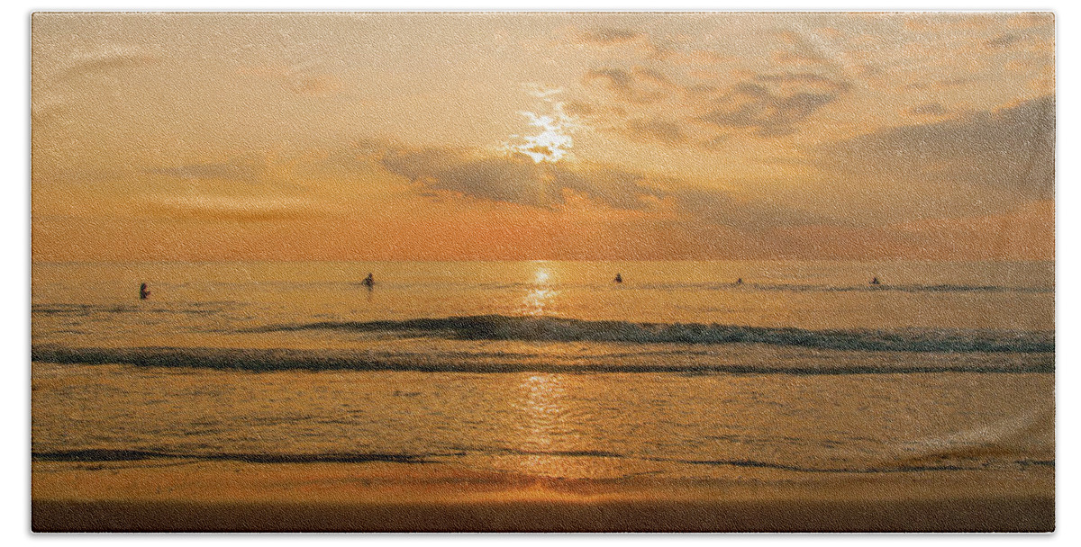 Surfing Beach Towel featuring the photograph Five Surfers at Sunrise by John Quinn