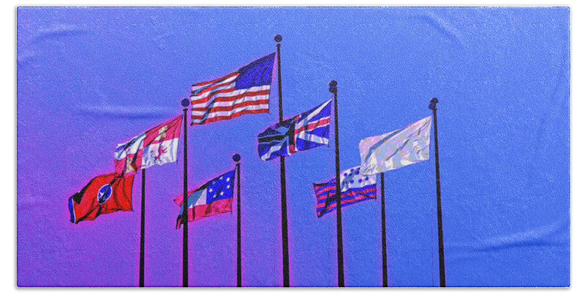 America Beach Towel featuring the digital art Flags Against A Blue And Fuchsia Sky by David Desautel