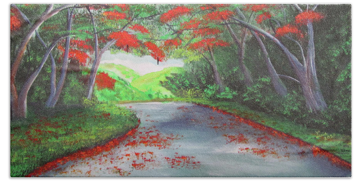 Flamboyanes Beach Towel featuring the painting Precious Red Road by Luis F Rodriguez