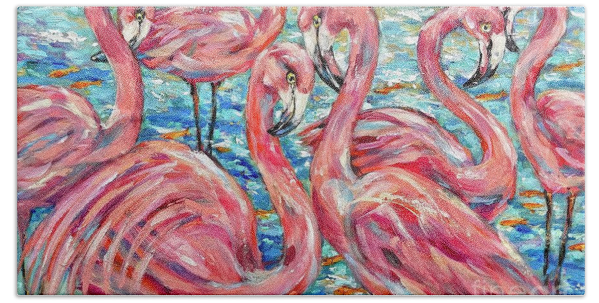Island Beach Towel featuring the painting Flamingoes and Goldfish by Linda Olsen