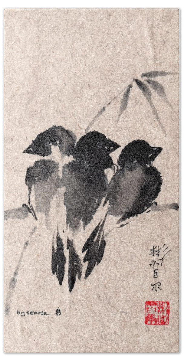 Chinese Brush Painting Beach Towel featuring the painting Fledglings by Bill Searle