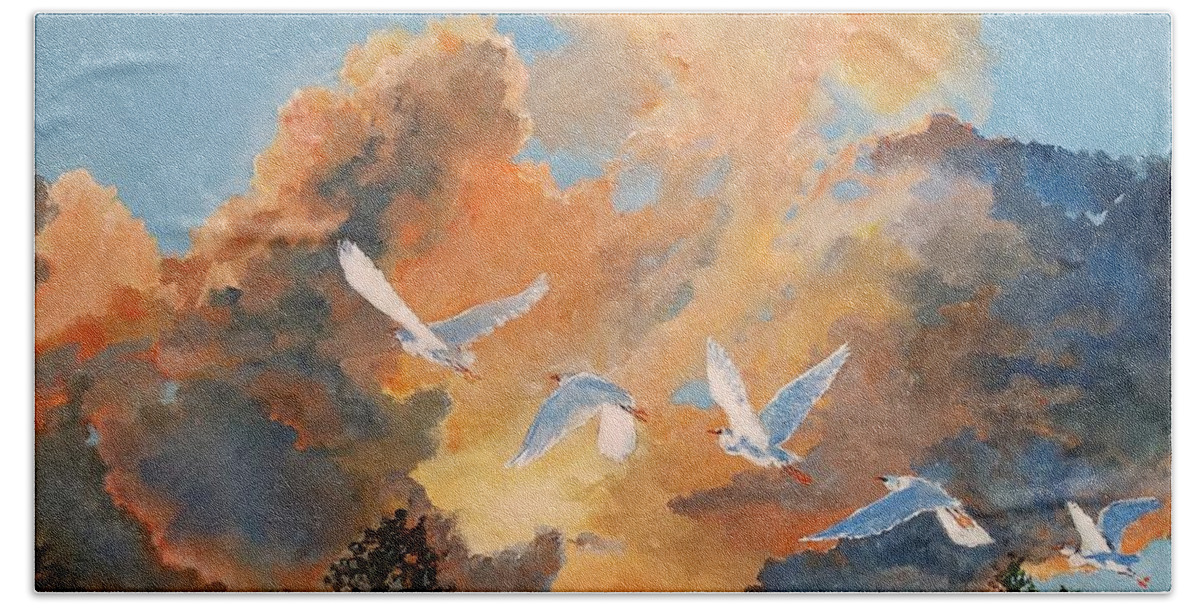 Egrets Beach Towel featuring the painting Flight before the storm by Merana Cadorette