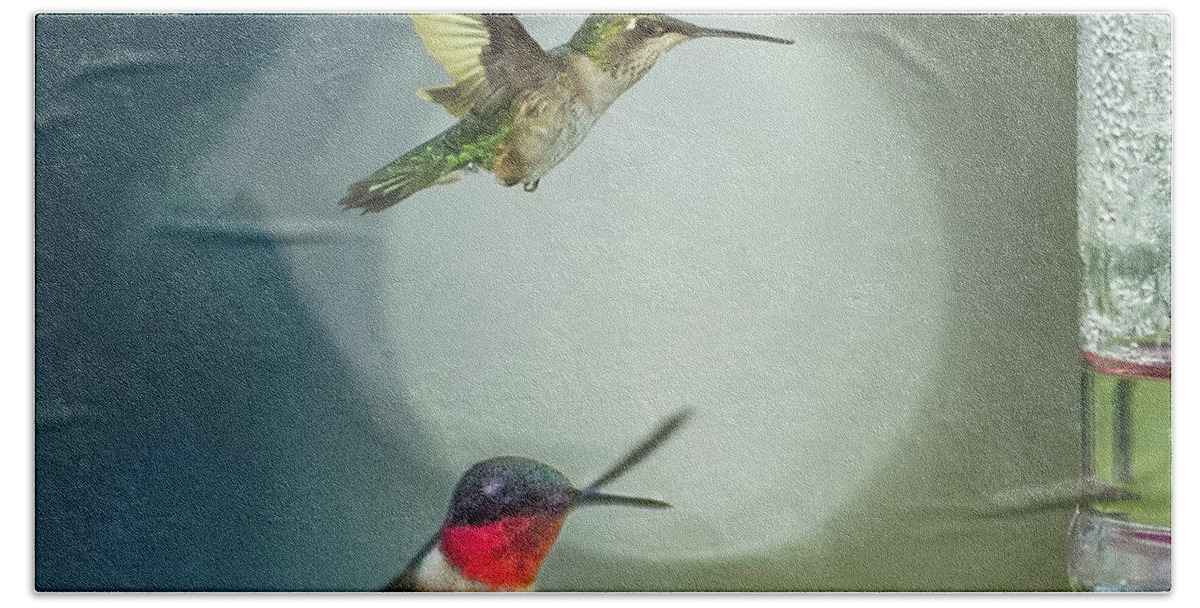 Male And Female Hummingbirds Beach Sheet featuring the photograph Flight for Food by Joe Granita