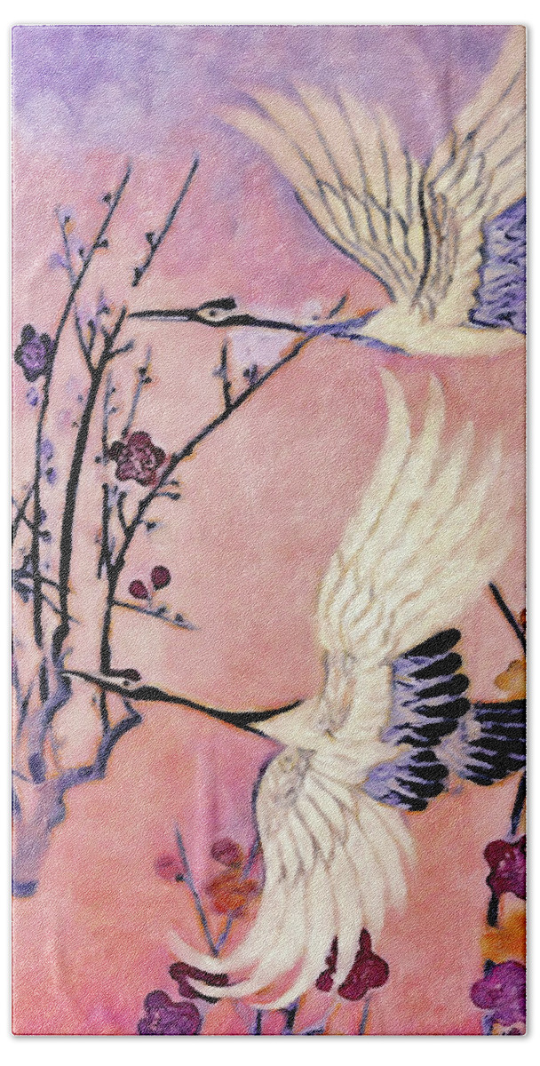 Flight Of The Cranes Beach Towel featuring the painting Flight of the Cranes - Kimono Series by Susan Maxwell Schmidt