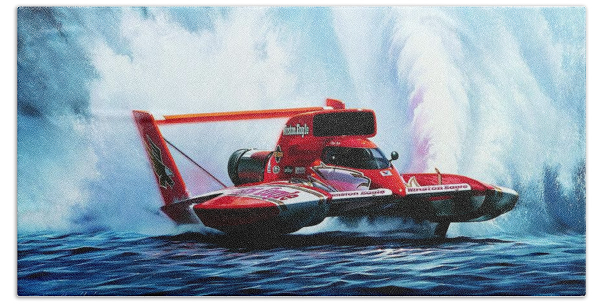 Drag Racing Nhra Top Fuel Funny Car John Force Kenny Youngblood Nitro Champion March Meet Images Image Race Track Fuel Unlimited Hydroplane Mark Tate Winston Eagle Boat Boats Beach Towel featuring the painting Flight of the Eagle by Kenny Youngblood