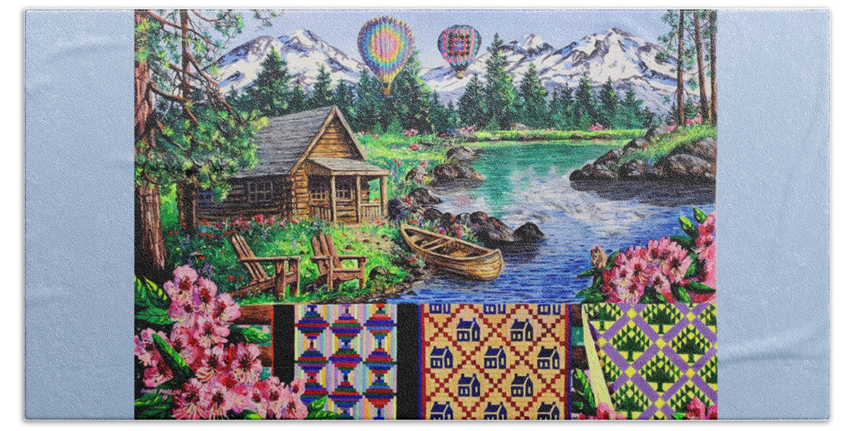 Quilts Beach Towel featuring the painting Floating Over Sisters by Diane Phalen