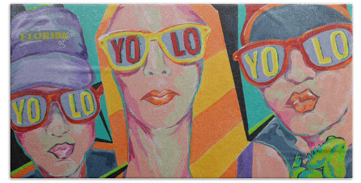 Acrylic Painting On Canvas Beach Towel featuring the painting Florida Girls YOLO by Jane Crabtree