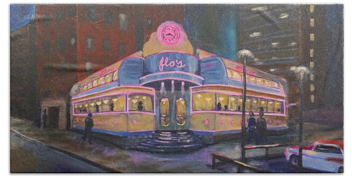 Flos Beach Towel featuring the painting Flo's Diner Yorkville by Brent Arlitt
