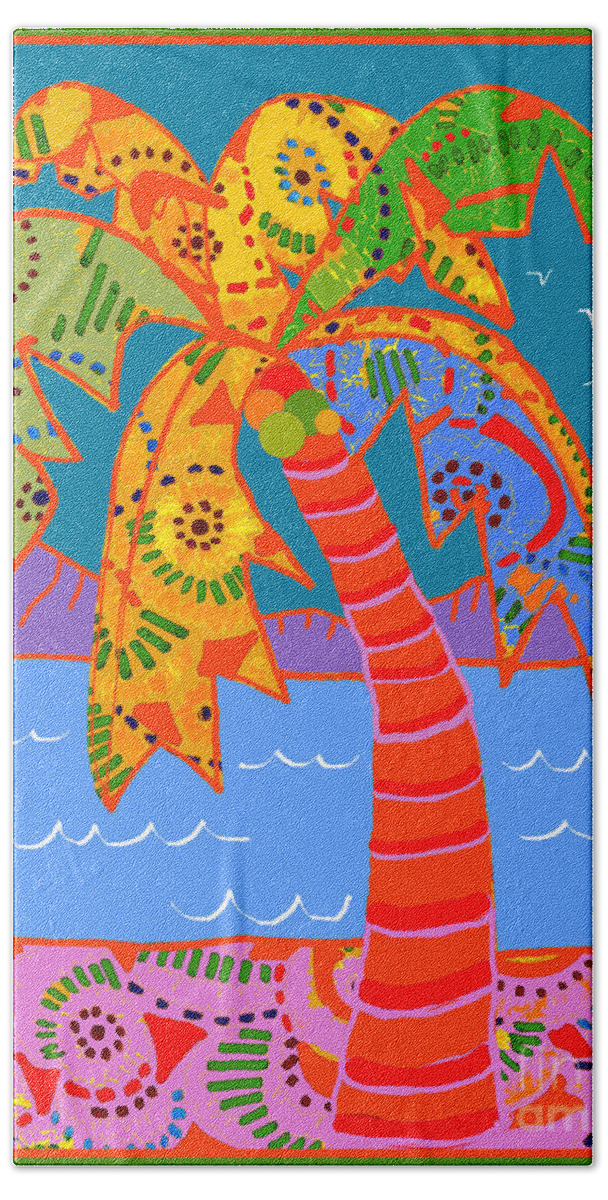 Flourish Like The Palm By A Hillman Palm Tree Poster Psalm 92 Bright Tropical Whimsical Naive Mountains Sea Ocean Sand Grass Coconuts Foliage Plants Hawaii Maui Beach Landscape Celebrate Life Joy Oh Happy Day Shine Your Light Love Strong In The Lord And The Power Of His Might Yah Yahshua Yeshua Yahweh Alleluia Jesus Messiah Savior Healer Amen Beach Towel featuring the mixed media Flourish Like The Palm by A Hillman