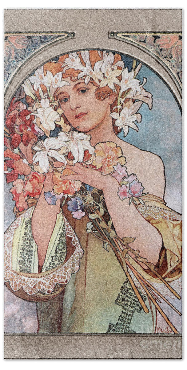 Flower Beach Towel featuring the painting Flower by Alphonse Mucha Art Nouveau Vingtage Art by Rolando Burbon