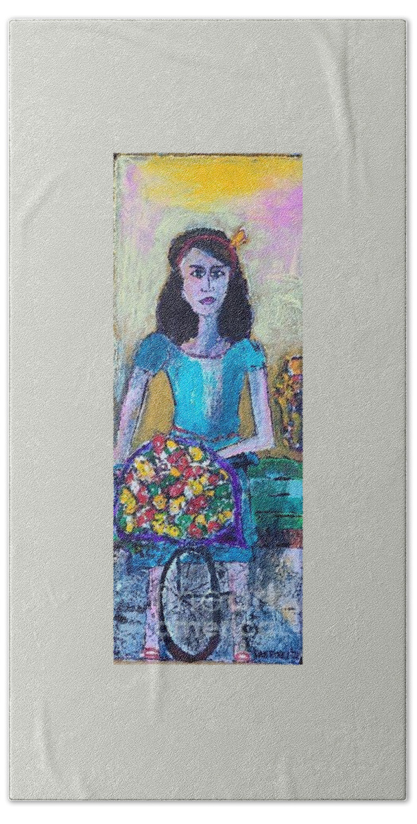  Beach Towel featuring the painting Flower Delivery Woman by Mark SanSouci