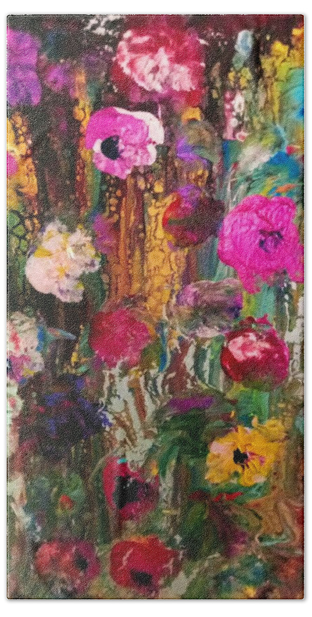 Flowers Fusion Pink Beach Towel featuring the painting Flower Fusion by Anna Adams