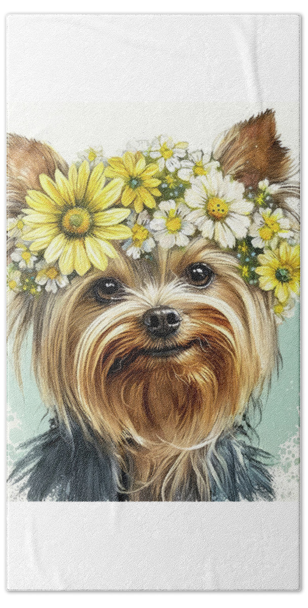 Yorkshire Terrier Beach Towel featuring the painting Flower Girl Yorkie by Tina LeCour