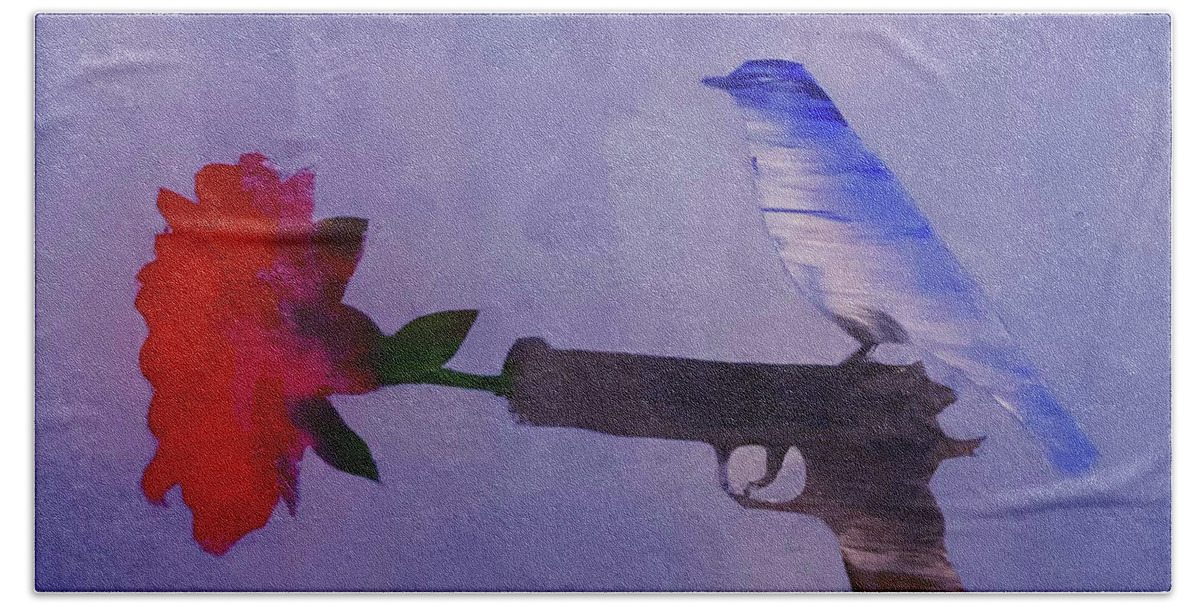Gun Beach Towel featuring the painting Flower In A Gun by Shelley Myers