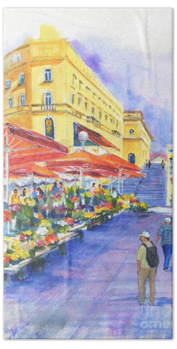 Flower Market Beach Towel featuring the painting Flower market - Zagreb by Betty M M Wong