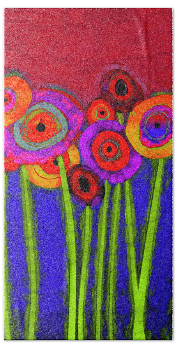 Abstract Beach Towel featuring the painting Flower Power Colorful Abstract Flowers One by Ann Powell