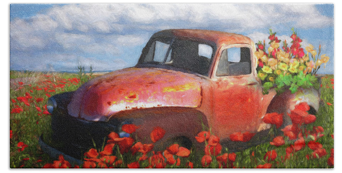 Old Beach Towel featuring the photograph Flower Truck in Poppies Painting by Debra and Dave Vanderlaan