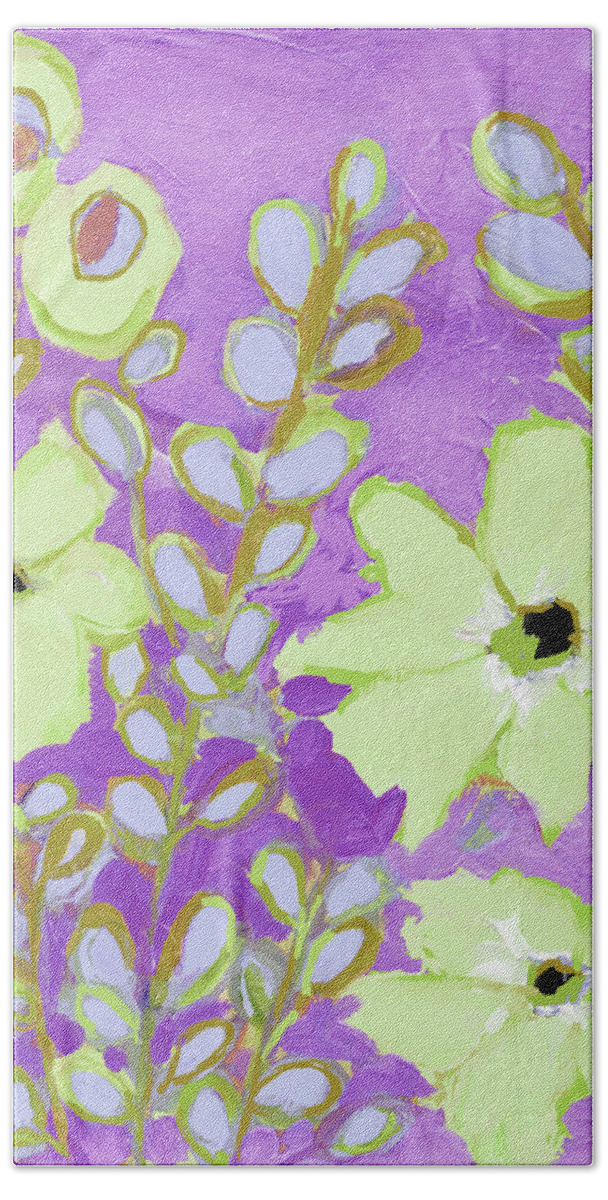 Flowers And Foliage Beach Towel featuring the painting Flowers and Foliage Abstract Flowers Green and Purple by Patricia Awapara