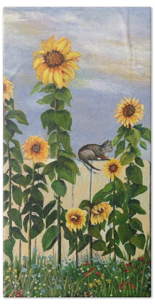 Sunflowers Beach Towel featuring the painting Flowers and Friends by Jane Ricker